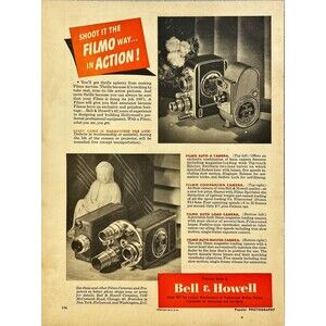 Bell & Howell Cameras "Shoot it the Filmo Way...In Action" Vintage Print Ad 1949